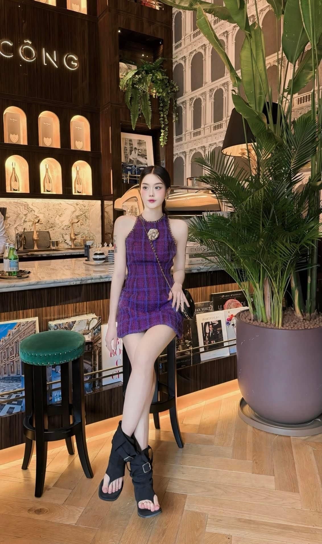 Purple round neck sleeveless waist slim A-line short skirt homecoming dress R3884