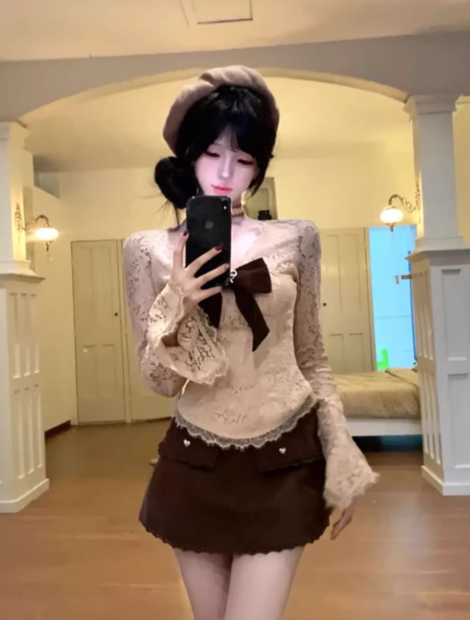 Sweet and spicy style V-neck bow lace top 2025 retro lace short skirt suit R1298