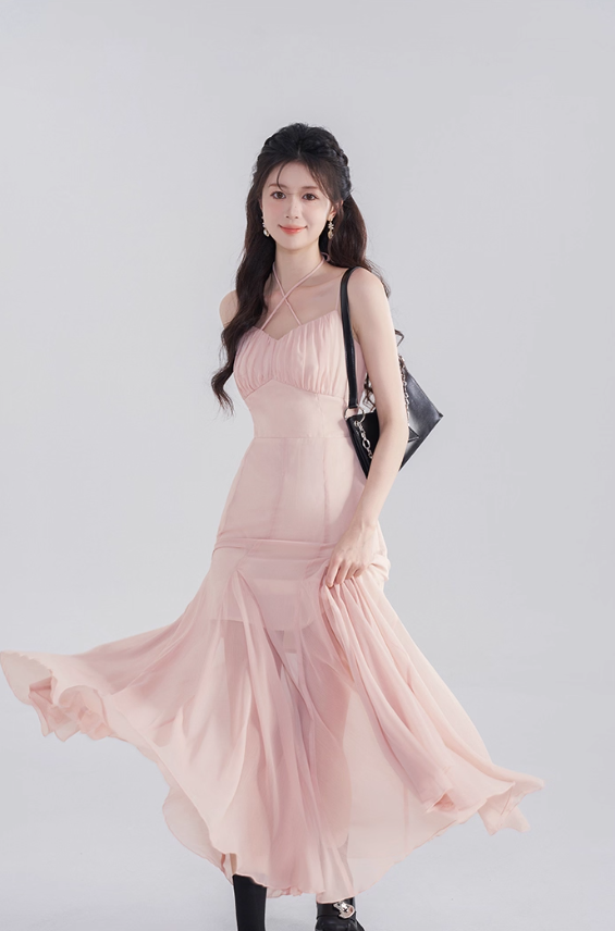 Gentle suspender chiffon dress women's summer new high waist medium length fishtail skirt R4460