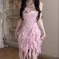 Ruffled purple flower suspender dress gentle temperament waist A-line beach dress R0792
