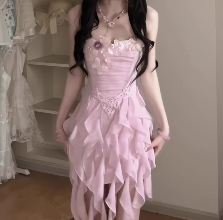 Ruffled purple flower suspender dress gentle temperament waist A-line beach dress R0792