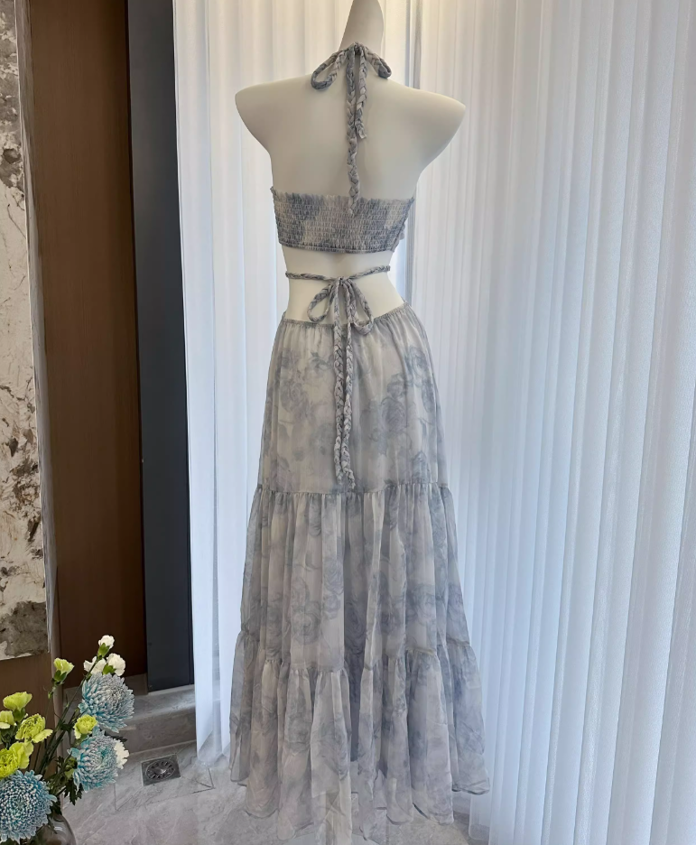 Blue Rose Print Handmade Braided Rope Waist-baring Sexy Temperament Long Dress R1997