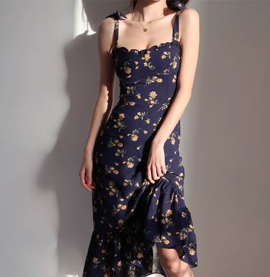 French Slim Sexy Ruffle Edge Floral Dress A-Line Waist Suspender Long Dress R2813