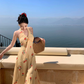 Gentle temperament halter neck floral dress beautiful waist backless A-line long skirt R0740