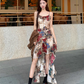 Fairy oil painting style suspender skirt swallowtail skirt dress lace cardigan two-piece suit R1718