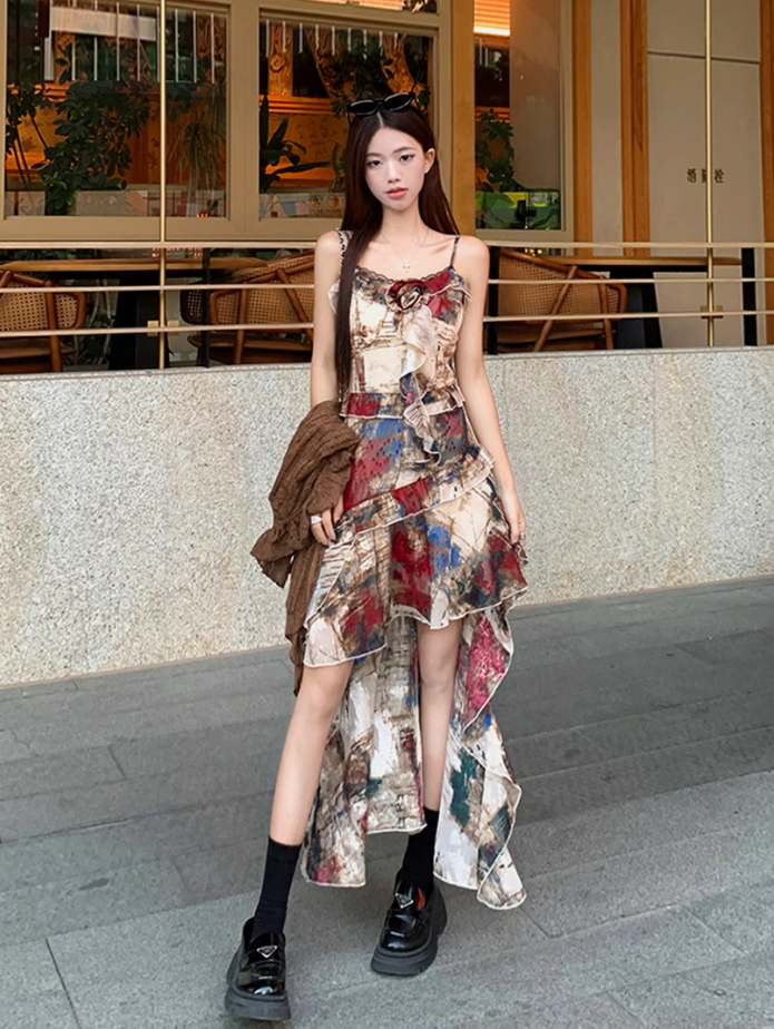 Fairy oil painting style suspender skirt swallowtail skirt dress lace cardigan two-piece suit R1718