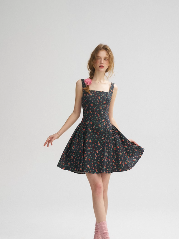 French Retro Floral Sling Dress Sleeveless Short Skirt R2760