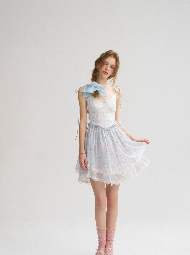 French blue skirt sweet floral suspender skirt holiday style ear-shaped short dress for women R3522