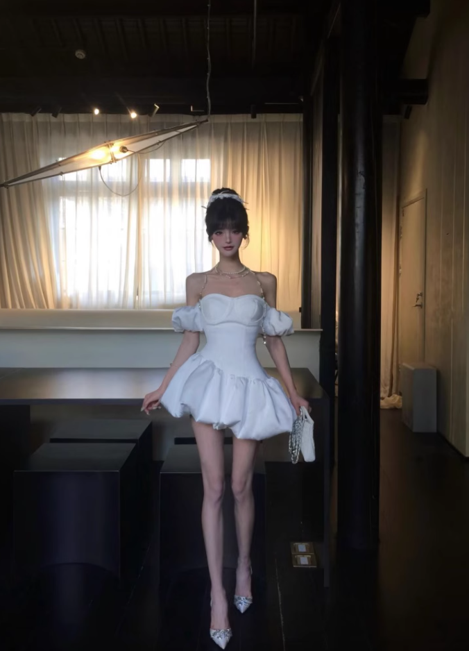 Satin puffy skirt French temperament pure desire style dress retro one shoulder white strapless short skirt homecoming dress R2999