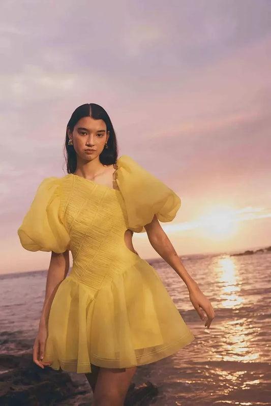 Yellow Asymmetric Neckline Puff Sleeve Waist A-Line Short Skirt Homecoming Dress R3498