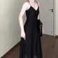 Retro v-neck hollow suspender dress niche waist temperament long skirt R0679