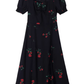 2025 Summer New French Retro Square Neck Black Floral Puff Sleeve Dress R0908