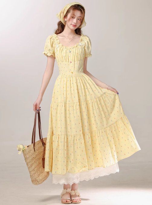 Cute sweet yellow polka dot dress summer seaside holiday long dress R1911