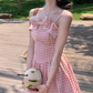 Pink plaid waist suspender dress French retro style skirt R5026