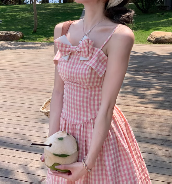 Pink plaid waist suspender dress French retro style skirt R5026