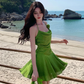 French green halter neck short skirt dopamine holiday style slim waist a-line dress R1631