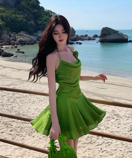 French green halter neck short skirt dopamine holiday style slim waist a-line dress R1631