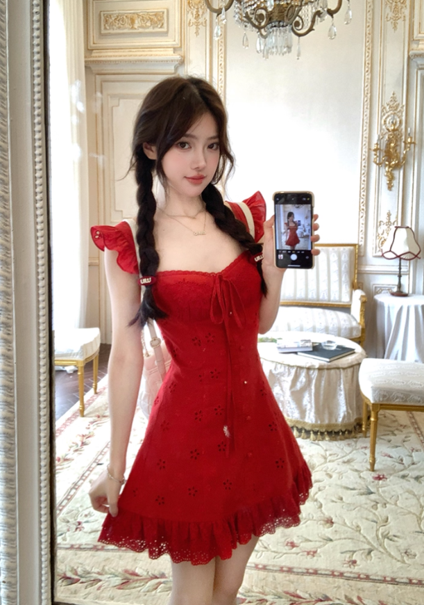 Red waist hollow suspender dress women's summer French temperament skirt R4700