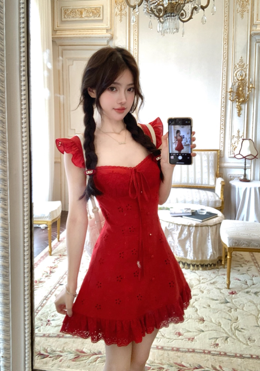 Red waist hollow suspender dress women's summer French temperament skirt R4700
