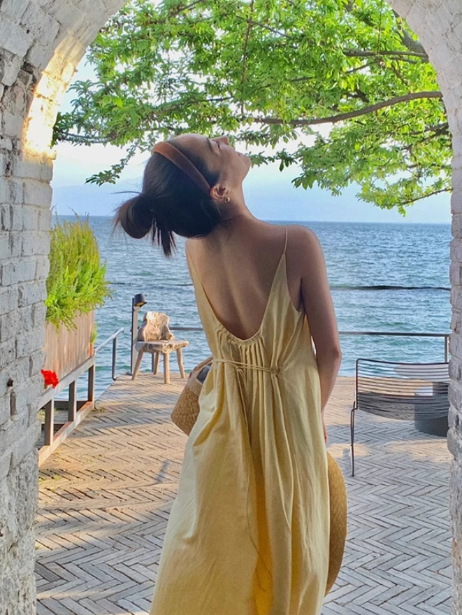 Yellow suspender dress loose lazy style backless sexy beach dress holiday long dress R1587