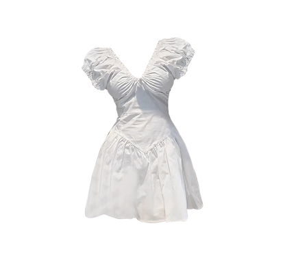 Tea break French style white pleated dress new style high-end waist slimming sweet princess dress R0153
