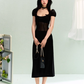 French elegant waist square neck splicing dress summer simple midi dress R3330