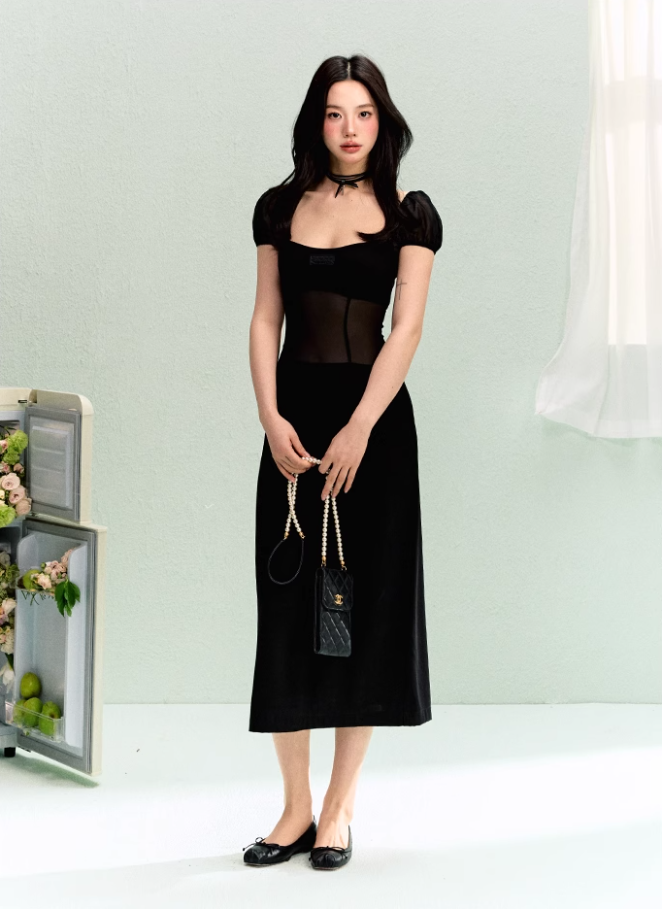 French elegant waist square neck splicing dress summer simple midi dress R3330
