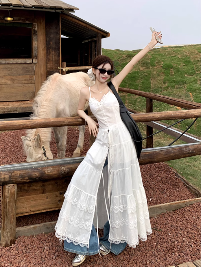 Fairy white Dingdal skirt waist skirt lace splicing slit suspender dress R1755