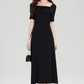 French Hepburn style square collar temperament dress waist slimming little black dress R2401