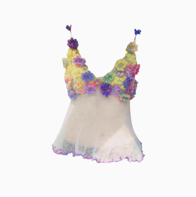 Oil painting style three-dimensional flower V-neck sling 2025 atmosphere knitted holiday top R1276