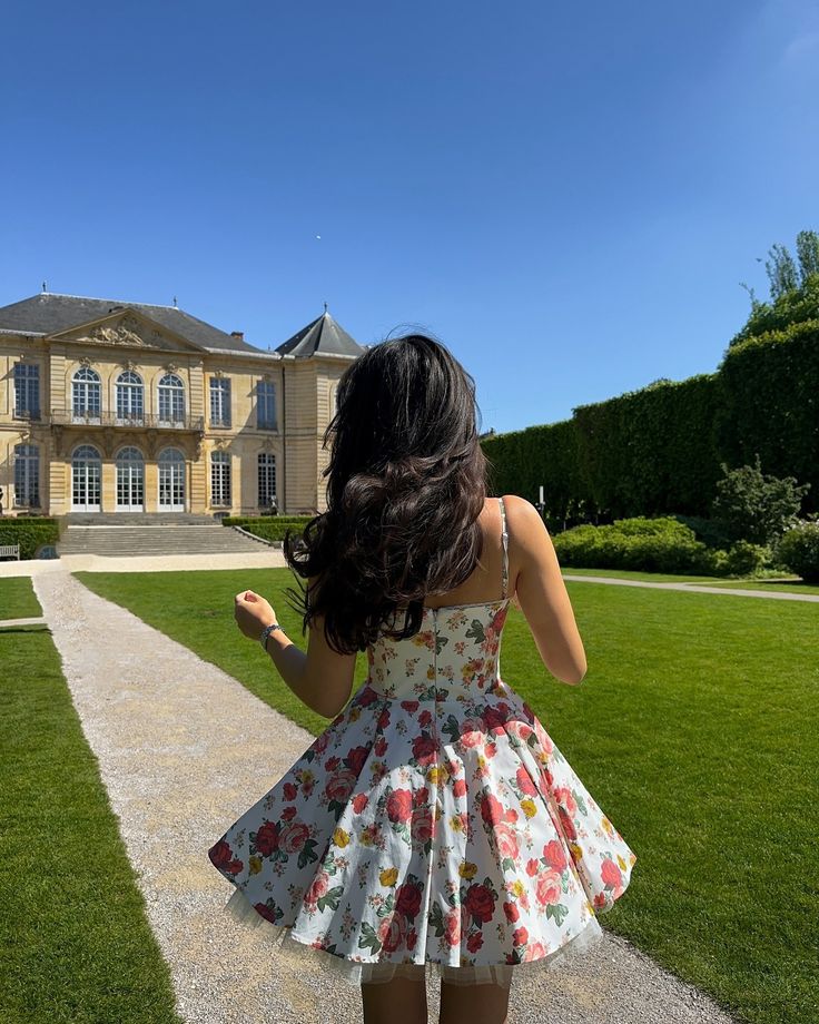 Retro floral suspenders waist slim fit tutu skirt homecoming dress R2722