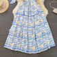 Light luxury temperament oblique collar off-shoulder waist A-line print large swing dress elegant long skirt R0393