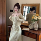 Halter neck suspender dress 2025 sexy backless print gentle waist-revealing long skirt R1476