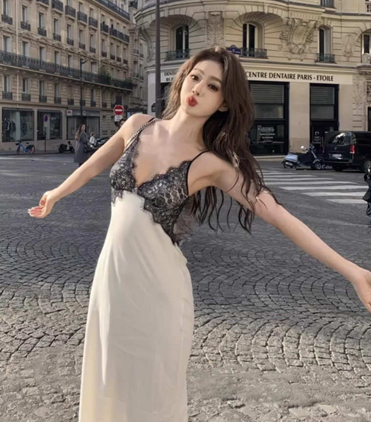 Large size French sexy V-neck lace dress backless unique design suspender long dress R1844