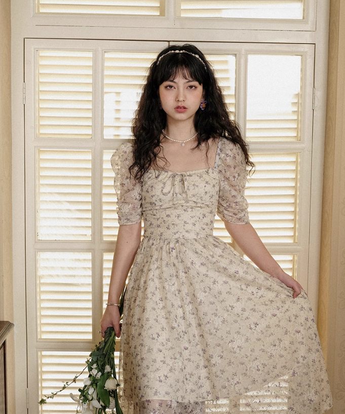 French style skirt petite short skirt short floral skirt puff sleeve dress female summer new style R3462