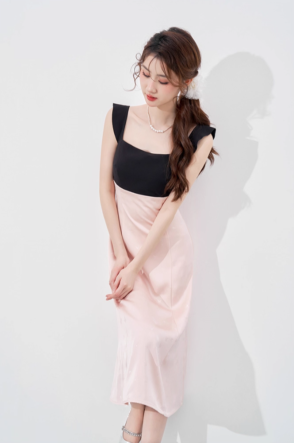 Beautiful dress new summer women's French temperament waist mid-length sleeveless pink skirt R4261