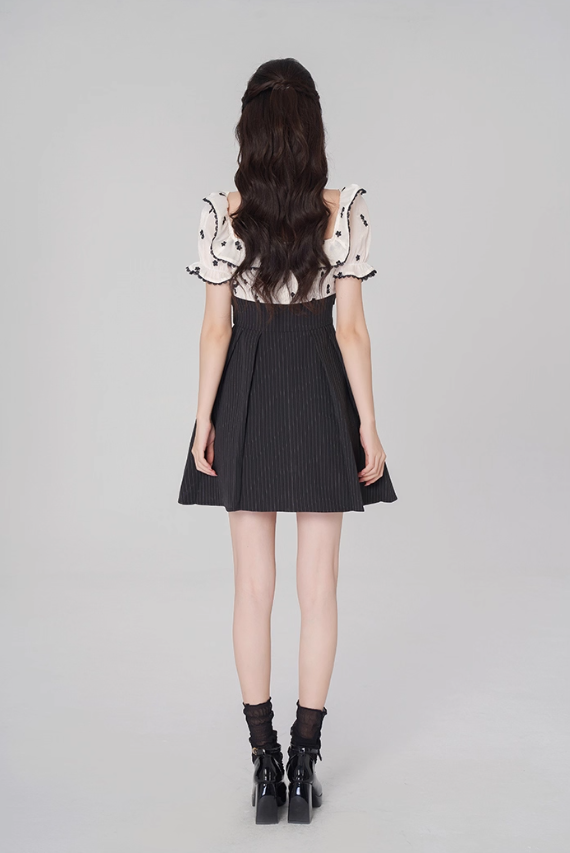 Tea break French dress puff sleeve A-line skirt new style high waist embroidered short skirt R4499