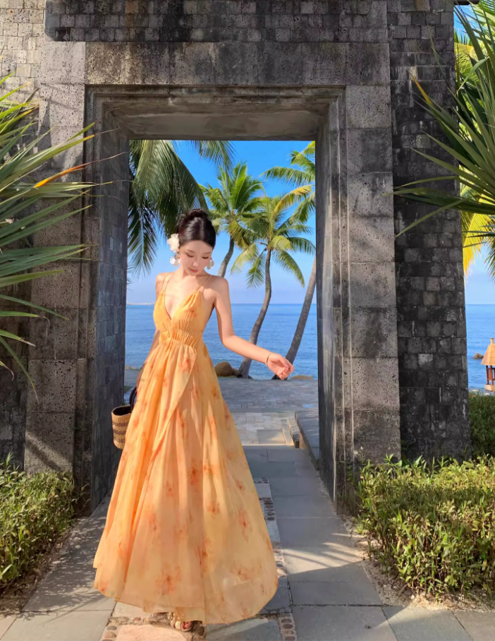 Vacation wear backless long dress beach dress island style suspender dress beach dress R1604