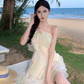 French style holiday sweet halter neck dress super fairy slim beach dress short style R1625