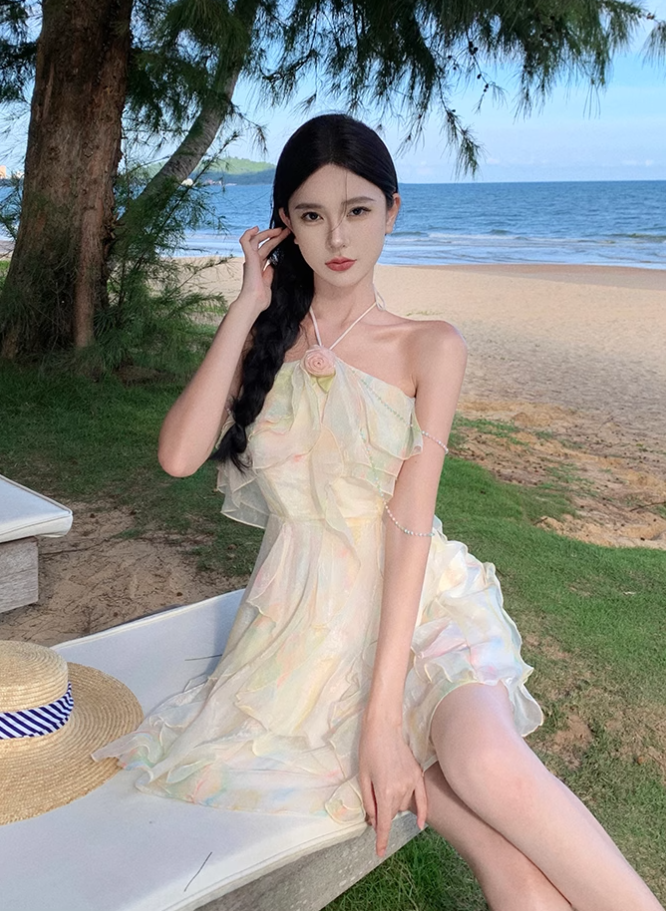 French style holiday sweet halter neck dress super fairy slim beach dress short style R1625