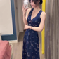 Retro blue v-neck floral halter dress beautiful waist a-line long skirt R0794