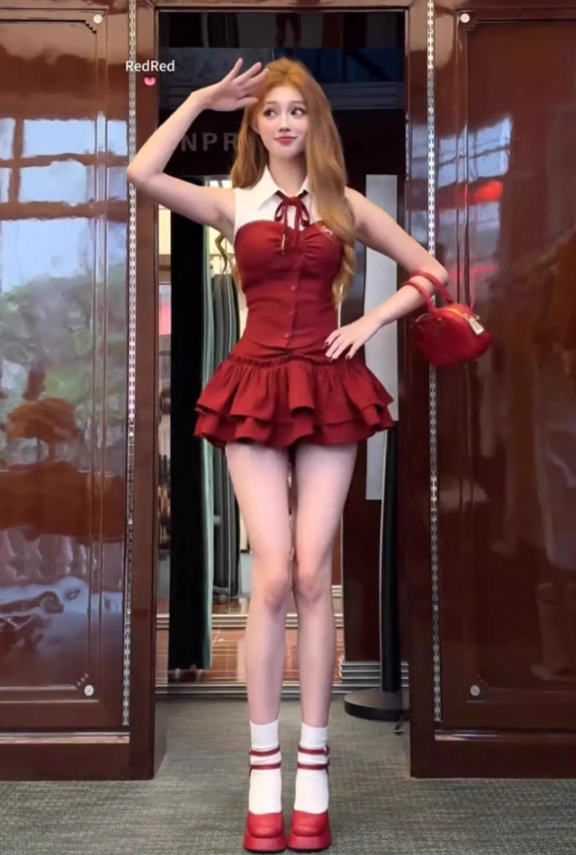 College style sleeveless short contrast color shirt 2025 sweet and spicy puffy skirt suit R1251