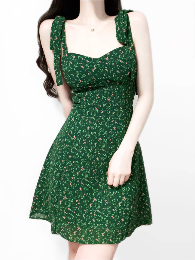 2025 Summer New Retro Platycodon Floral Green Holiday Short Suspender Dress R0906