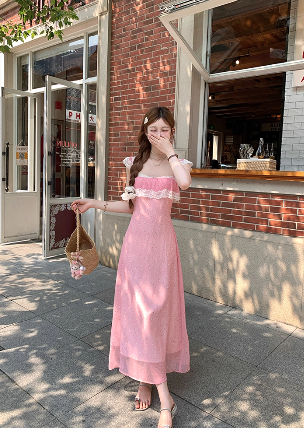 Pink Summer Romantic Lace Floral Suspender Dress Women's Summer French Dress R4822