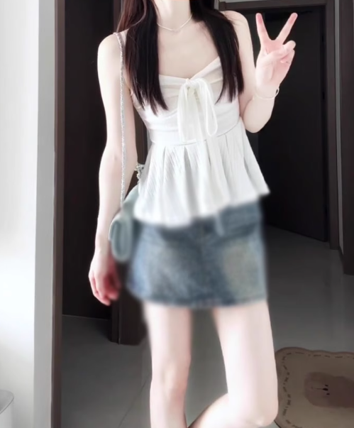 Gentle temperament white cardigan camisole vest denim shorts three-piece set R0888