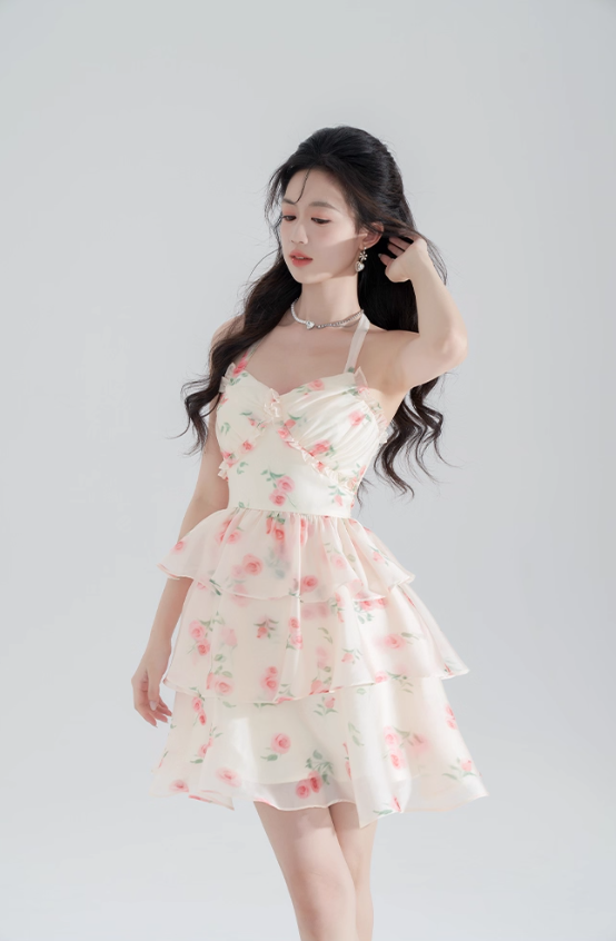Super fairy new halter neck printed chiffon dress pure summer girl cake skirt fairy skirt female R4112