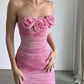 Pink chest three-dimensional flower pleated waist hip sexy short skirt homecoming dress R3877