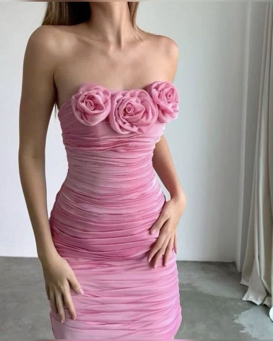 Pink chest three-dimensional flower pleated waist hip sexy short skirt homecoming dress R3877