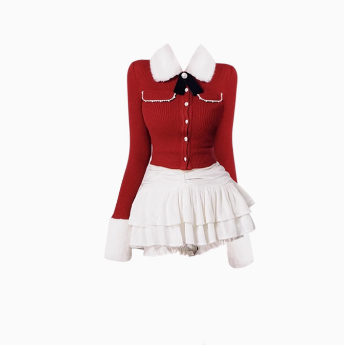 Pure desire style fur patchwork knitted top 2025 large size puffy skirt New Year suit R1379