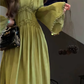 Green v-neck long-sleeved dress, niche style, no-collar retro waist temperament long skirt R0473